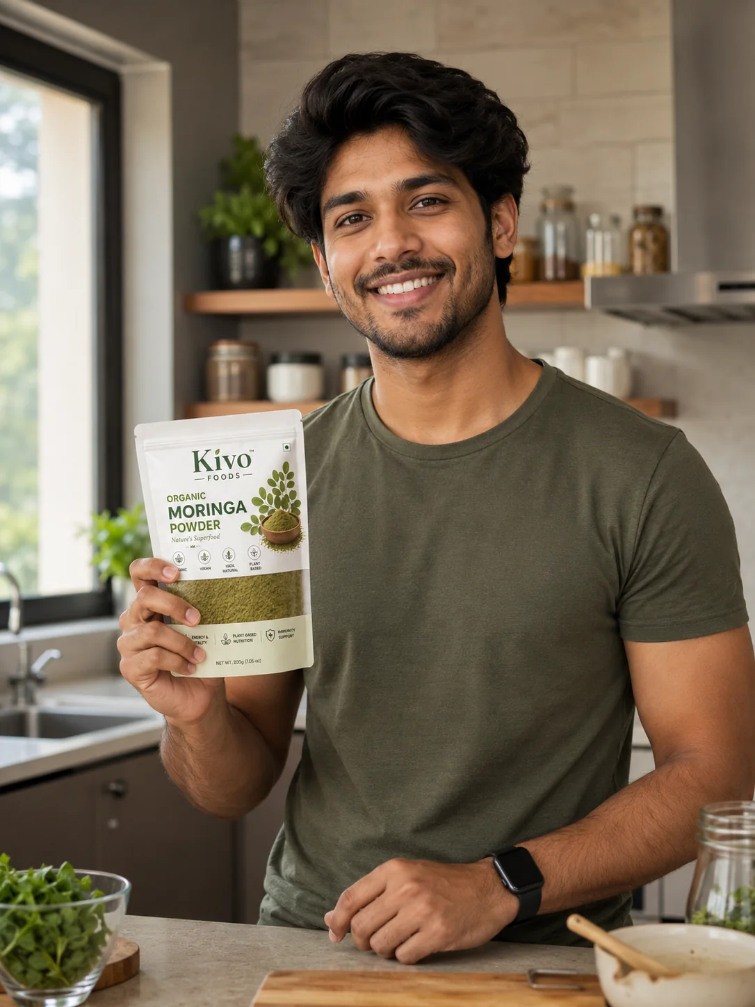 Model holding Kivo Foods Moringa Powder